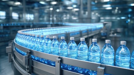 A modern bottling plant showcasing a conveyor belt filled with clear water bottles, emphasizing industrial efficiency and production quality.
