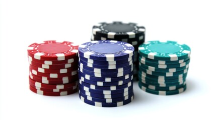 Five stacks of poker chips, each with a different color, arranged in a triangular formation on a white background.