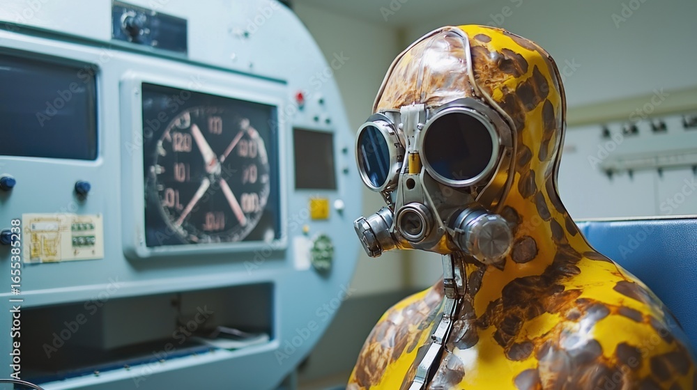 Poster a person in a yellow and brown hazmat suit with a gas mask, standing in front of a control panel wit