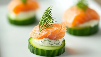 Smoked salmon and dill cream cheese canape on cucumber slice