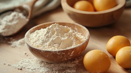 Fototapeta premium A wooden bowl filled with flour, a wooden spoon, and a bowl of eggs on a wooden table.