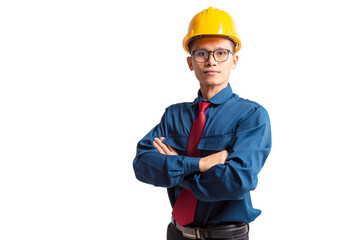 Portrait of handsome young engineer man wearing a hard hat with his arms crossed and looking at the...
