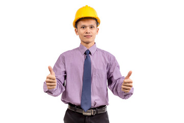 Portrait of young engineer man wearing a helmet showing thumbs up isolated on white background with...