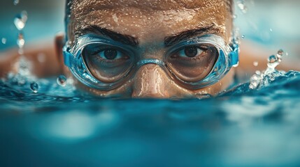 Fototapeta premium Focused swimmer's intense gaze underwater, water droplets splashing, competitive swimming.