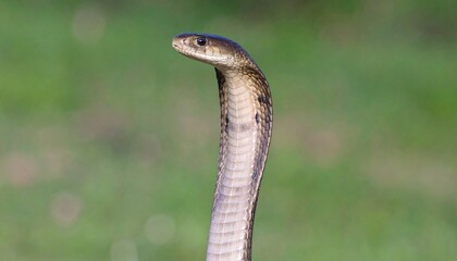 Fototapeta premium Majestic Cobra Rising A Close-Up of Nature's Striking Reptile in Serene Greenery