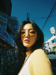 Stylish young woman wearing yellow sunglasses in urban setting