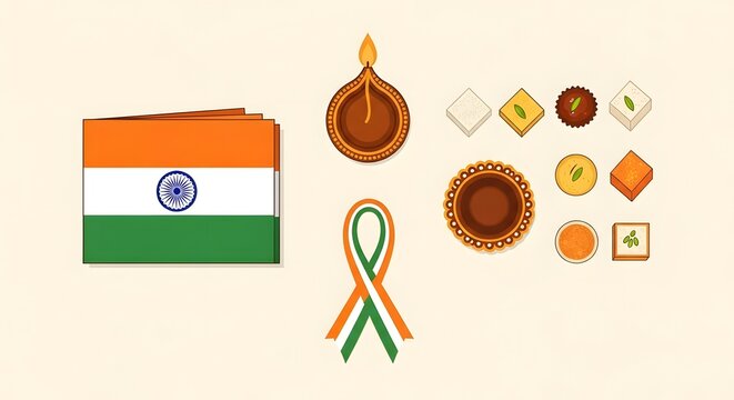 Vibrant Indian Culture Icons: Flag, Diya, and Festive Sweets for Celebrations & Diversity.