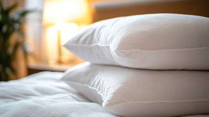 Two white pillows stacked on top of each other on a bed with a white sheet and a lamp in the background.