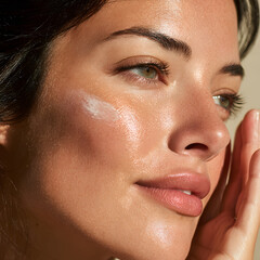 Fototapeta premium Close-Up Portrait of Young Woman Applying Moisturizer for Radiant Skin in Soft Natural Light