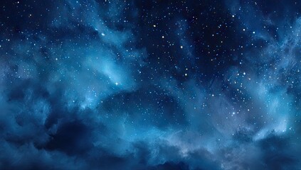 Fototapeta premium Deep space, dark clouds, scattered stars. Vast cosmic nebula with swirling, dark blue clouds dotted with luminous, tiny stars