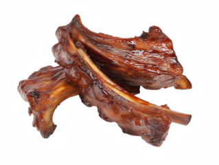 Close-up of grilled ribs with caramelized brown surface and charred edges on transparent background