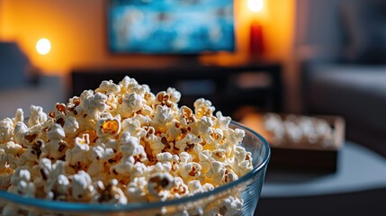 A bowl of popcorn with a TV in the background, illuminated by a single light source.