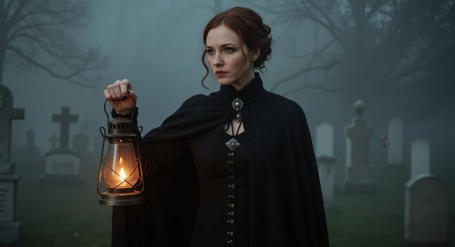 Woman in black cloak holding lantern in foggy cemetery at dusk, cinematic thriller style, concept of mystery search and halloween fear, suitable for horror promos events book covers and services
