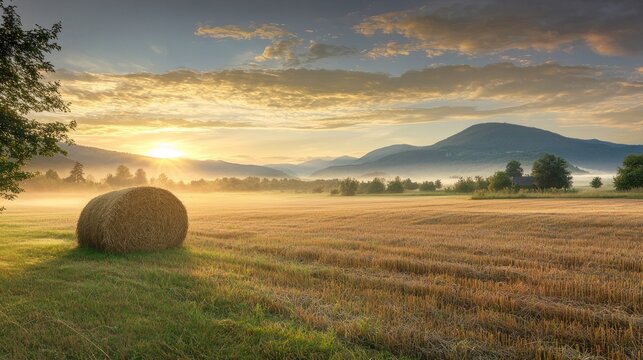 A hay bale sits in a field with a mountain range in the background, under a cloudy sky with a sun peeking through the clouds. - Powered by Adobe