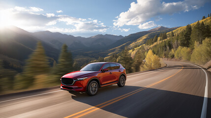 Red SUV cruising along a scenic mountain highway
