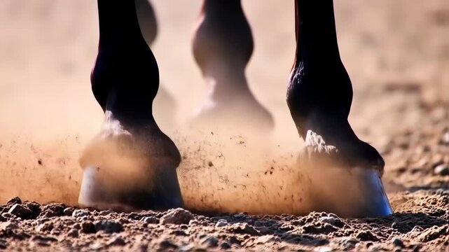 Close-up of horse hooves hitting the ground, kicking up dust