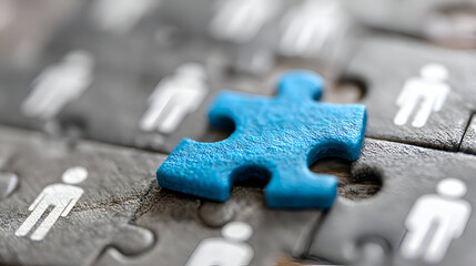 Blue Puzzle Piece Among Gray Human Figures: Teamwork Concept