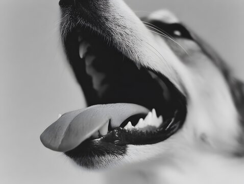 Detailed black and white close-up of a dogs open mouth showing its tongue whiskers and sharp teeth.