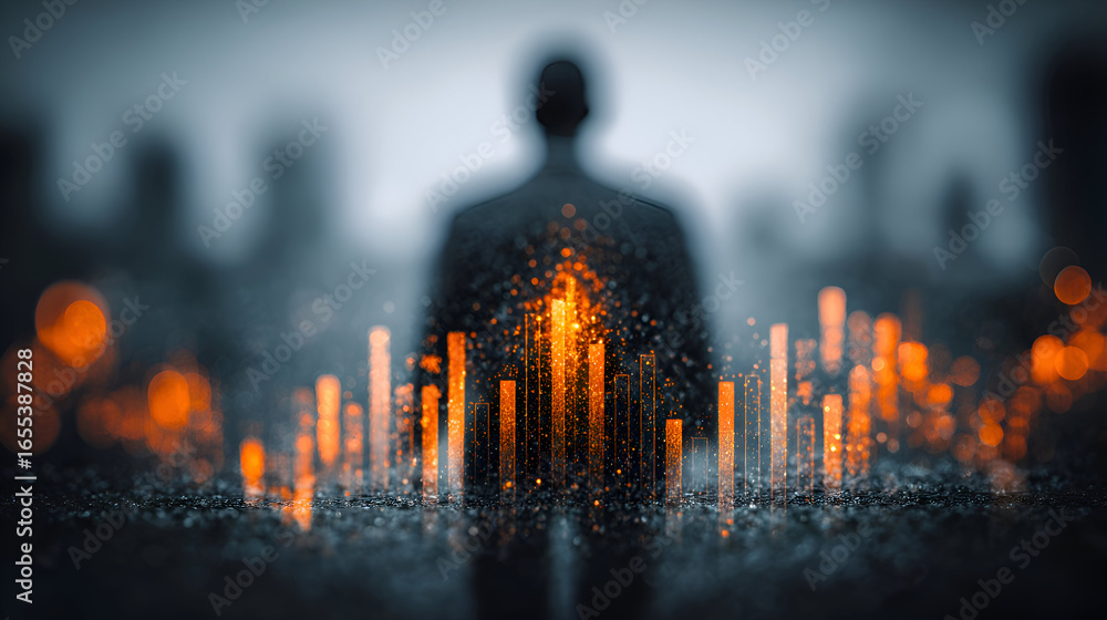 Poster silhouette of a person emerging from data visualization