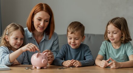 Mother teaching kids to save coins in piggy bank at home table, natural soft light, concept of finance education, budgeting and banking services, ideal for family promos and banners