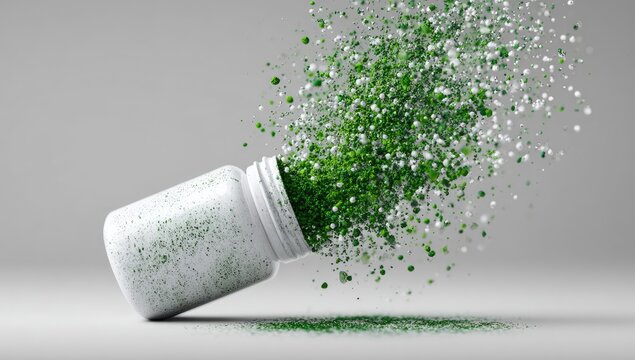 A white plastic bottle spills green and white powder, creating a dynamic explosion of tiny particles against a neutral grey background.