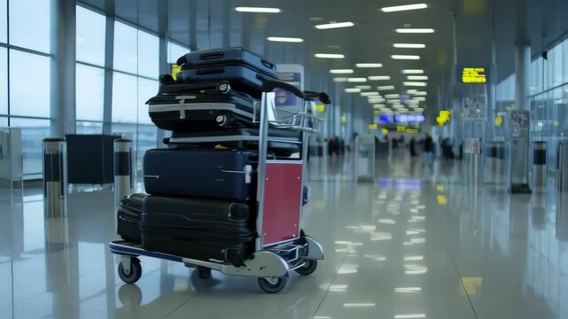 Luggage cart stacked high with suitcases in an airport terminal