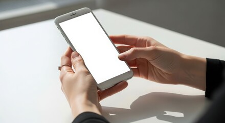A person's hands holding a smartphone with a blank, white screen, positioned on a white surface.