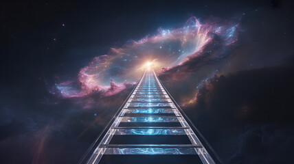 Stairway to a galaxy with a nebula and stars in a dreamy space scene