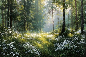 Obraz premium Serene forest glade adorned with wildflowers bathed in soft morning light, evoking peace and tranquility in nature