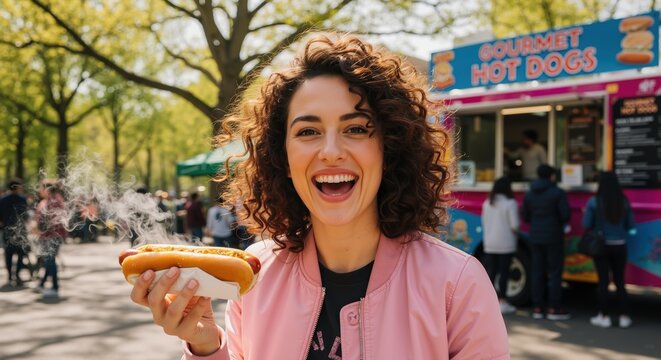 A smiling woman holding a parked hot dog in a colorful truck with food in a sunny park, a bright style of natural light