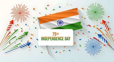 Obraz premium Festive 79th Indian Independence Day Celebration: A Patriotic Display with Flag, Fireworks, and Confetti.