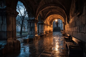 Fototapeta premium Serene Morning Light in Historic Stone Archway with Rain-Drenched Pathway and Trees in Background