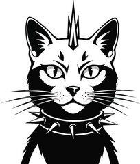 A stylized black and white illustration of a cat with a punk rock mohawk and spiked collar, conveying a rebellious and edgy aesthetic.