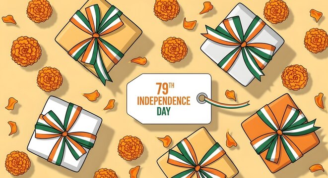 Colorful Gifts for India's 79th Independence Day, Featuring Patriotic Tricolor Ribbons and Bright Marigold Flowers in a Joyful Celebration.