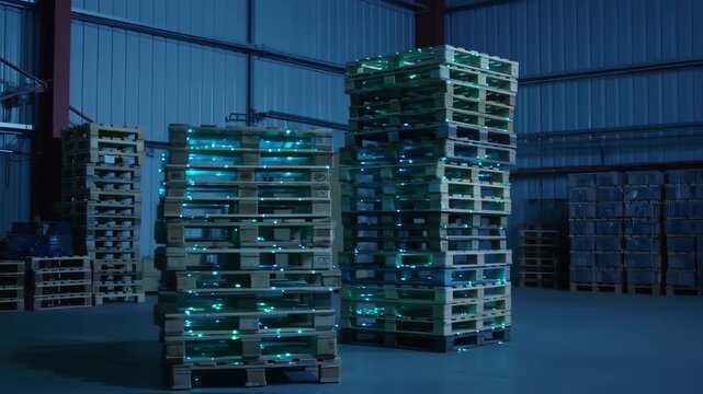 Stacks of wooden pallets in a warehouse at night, illuminated by glowing teal dots