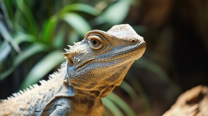 Obraz premium A close-up of a lizard's head, with a blurred background of green foliage.