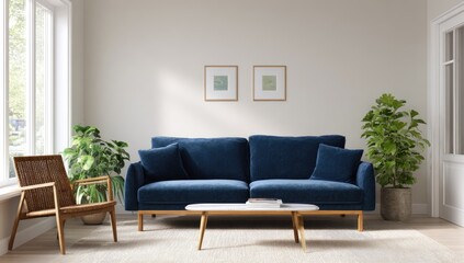 Modern living room with a navy blue sofa