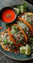 Four delicious tacos, garnished with herbs, onions, and a vibrant red sauce, are artfully arranged on a dark teal plate, accompanied by lime wedges