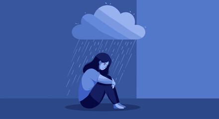 flat illustration of a frustrated young woman in the rain