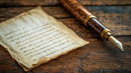 An old, worn-out letter with handwritten text on a piece of parchment, resting on a wooden table with a pen lying beside it.