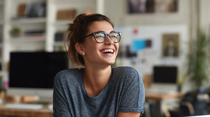 A smiling woman with glasses sits in a stylish office, radiating positivity and confidence, surrounded by a creative workspace.