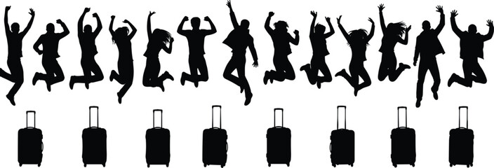 Energetic travelers jumping with joy, silhouettes of people and luggage, vacation happiness, travel excitement, dynamic movement, joyful journey, travel adventure