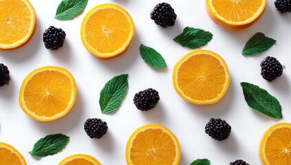 Flatlay of orange slices, blackberries, and mint leaves arranged on a white background in a repeating pattern