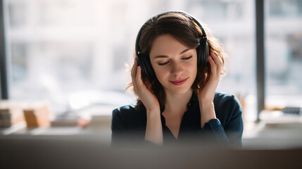 A young woman enjoys music while wearing headphones in a bright office environment.