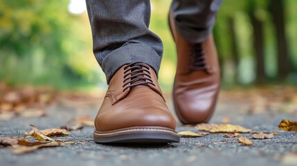 A man's legs in gray pants and brown leather shoes walking on a leaf-strewn sidewalk, with green trees in the background.