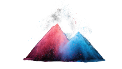 Abstract triangular form composed of exploding powder; vibrant red and blue hues;  explosive, dynamic effect;  triangular shape;  two-toned powder