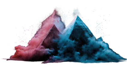Two pyramid-shaped peaks emerge from a cloud of vibrant pink and blue smoke