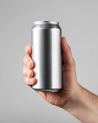 Hand holding a blank, silver aluminum can against a gray background