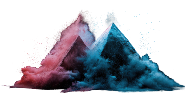 Two pyramid-shaped peaks emerge from a cloud of vibrant pink and blue smoke