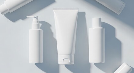Clean white cosmetic containers arranged on a light blue background, showcasing minimalist product packaging design.